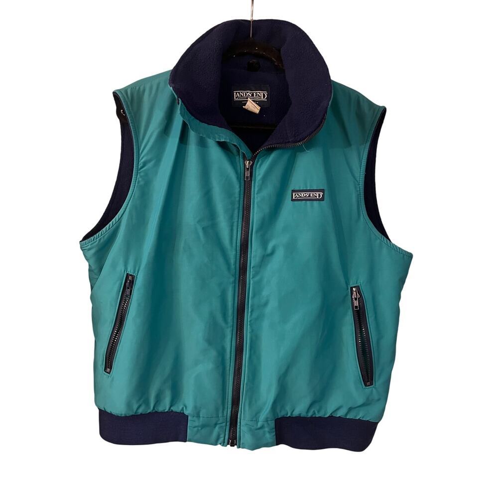 Vintage Lands End Men’s Jacket Vest Adult Large Green Puffer Zip Up Made In USA